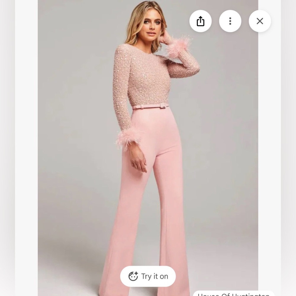 NADINE MERABI Blush Feathered Flare Jumpsuit